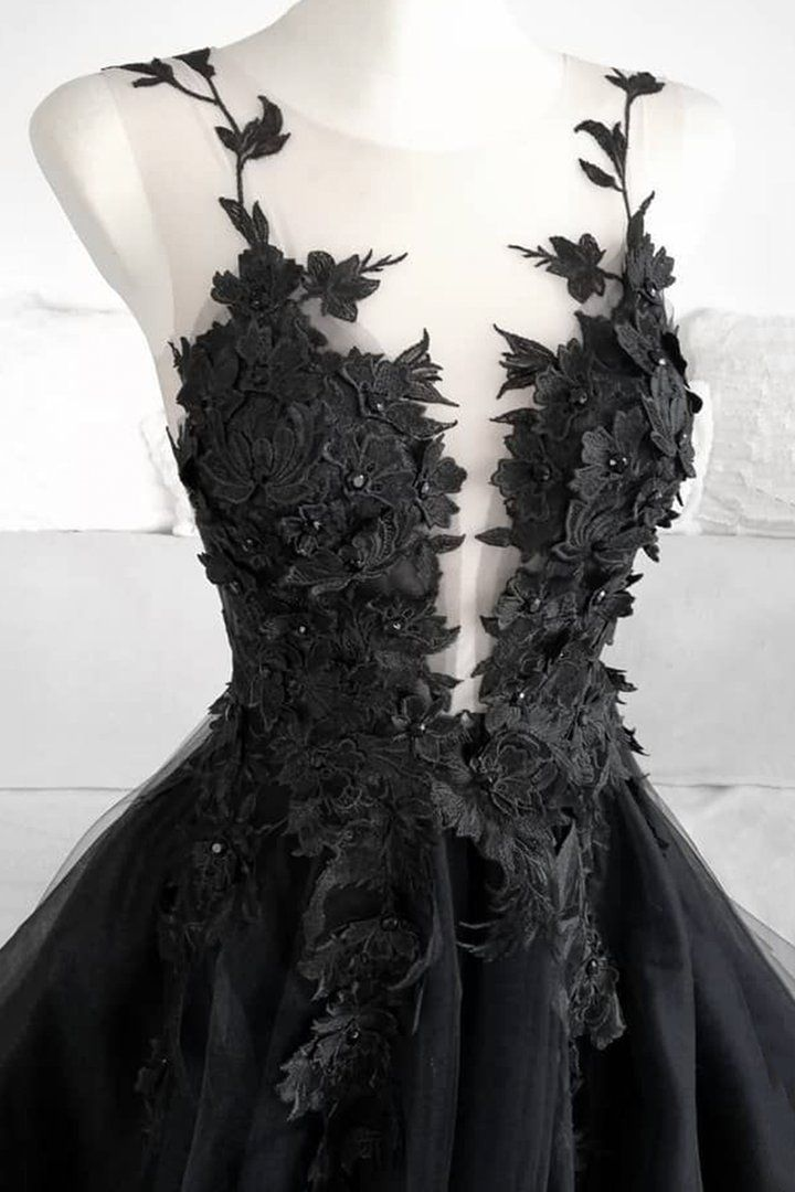 Classic Black Lace Tulle Long Prom Dress Black Evening Dress  SH567
