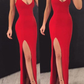 V Neck Spaghetti Straps Red Elastic Satin Slit Long Prom Dresses  SH562