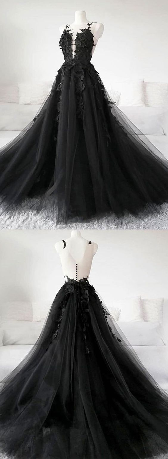 Classic Black Lace Tulle Long Prom Dress Black Evening Dress  SH567