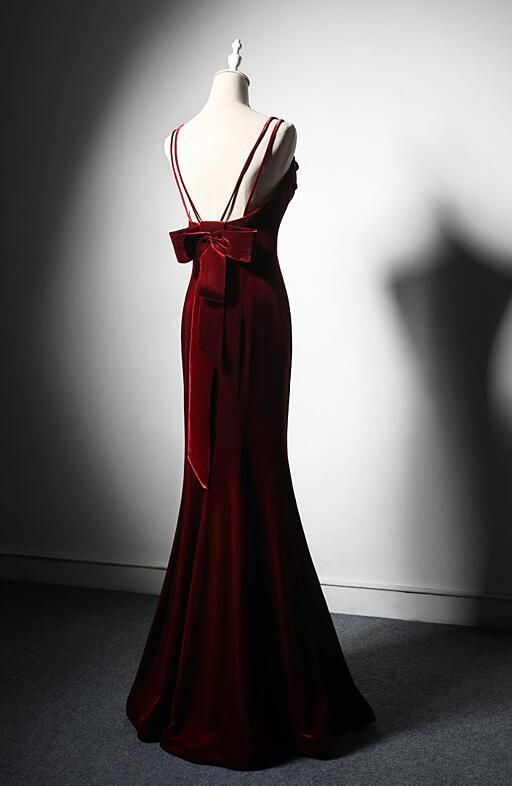 Elegant Burgundy Spaghetti Straps Velvet Mermaid Prom Dress Evening Dress SH571