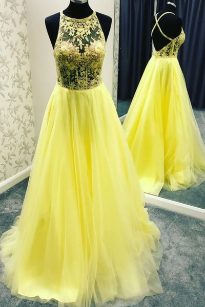 Yellow Tulle Lace Round Neck Long Open Back Prom Dress Evening Dress NN261