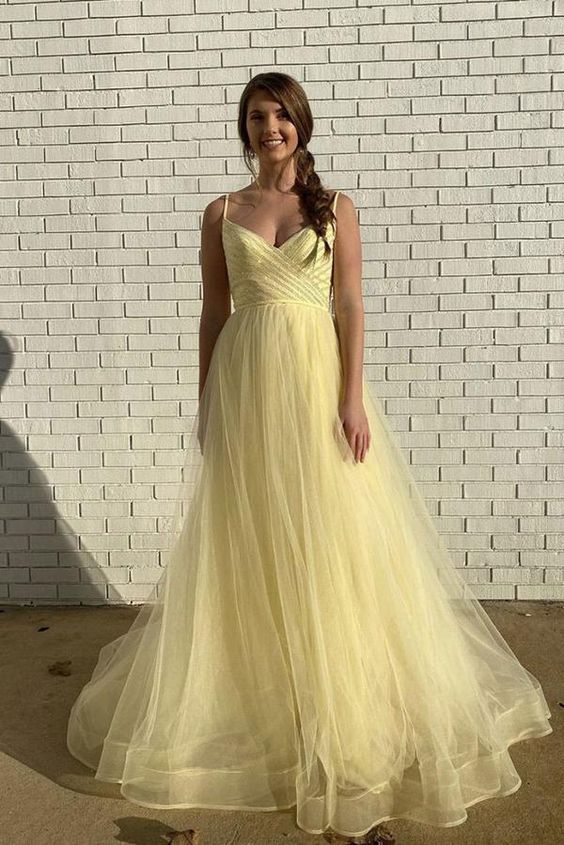 Yellow sweetheart tulle long prom dress yellow evening dress NN292