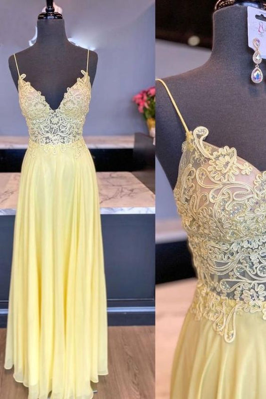 Yellow v neck chiffon lace long prom dress yellow evening dress NN301