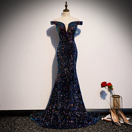 Simple Mermaid Prom Dresses Navy Blue Sequin Evening Dress SH076