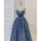 A line Tulle Dusty Blue Long Prom Dresses SH179
