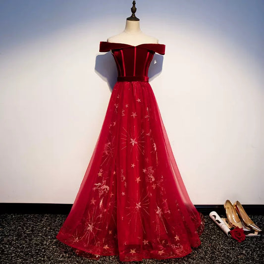 Off The Shoulder Red Tulle Prom Dresses SH150