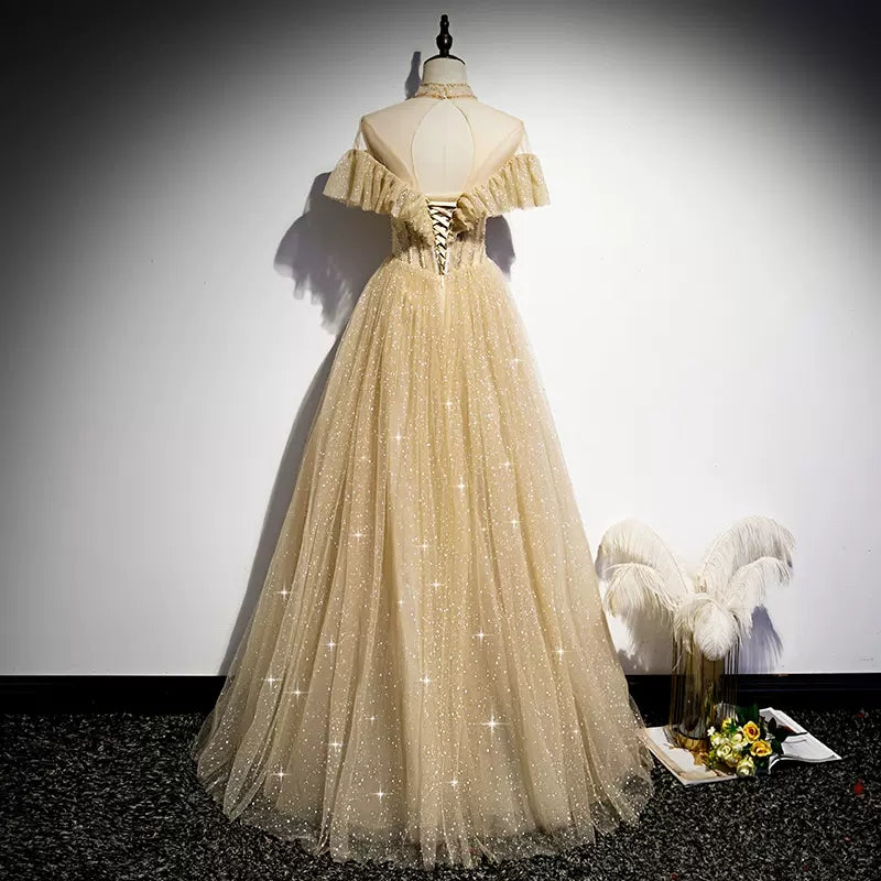 A line Tulle Long Gold Prom Dresses SH125