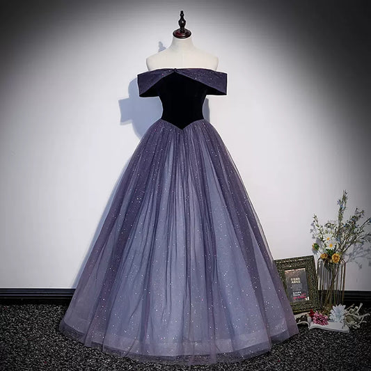 Princess Off The Shoulder Grape Tulle Prom Dresses Sexy Evening Dress SH096