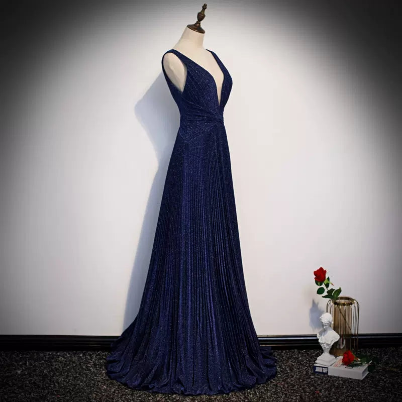 A line Navy Blue Sequin Prom Dresses Sexy Evening Dress SH094