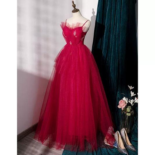 Simple A line Tulle Red Long Prom Dresses SH223