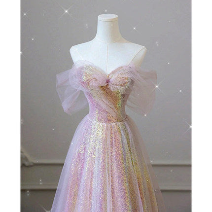 A line Sequin Pink Long Prom Dresses SH178