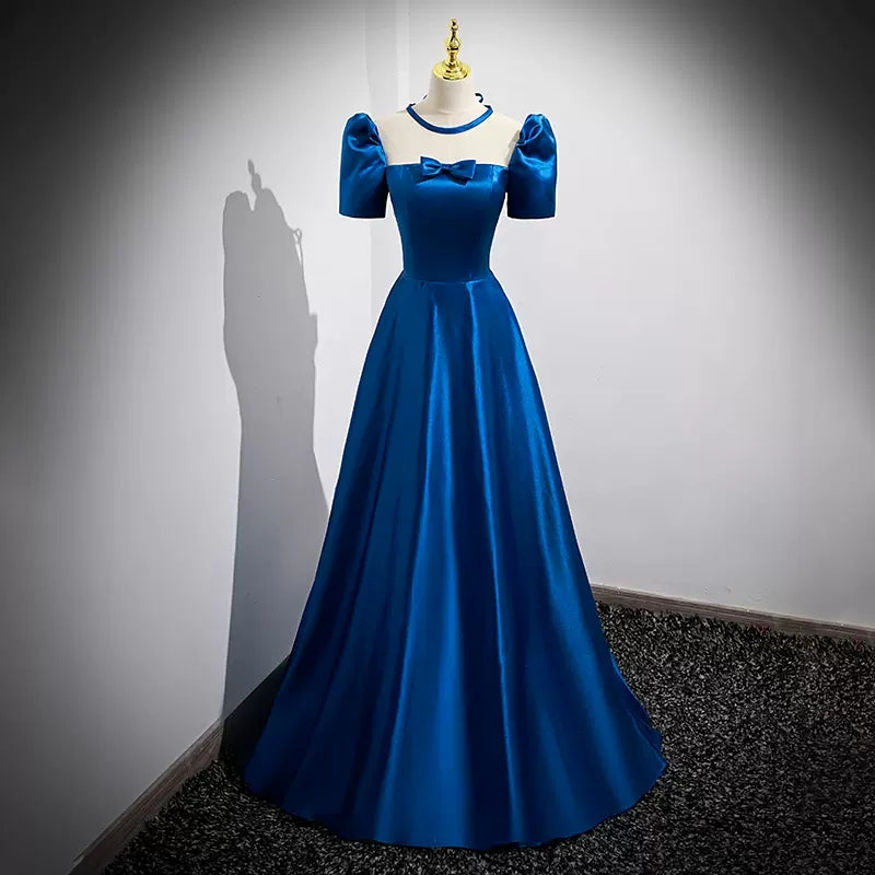 A line Square Neckline Short Sleeves Long Royal Blue Prom Dresses SH03