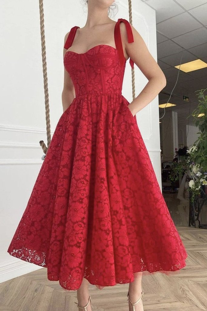 Sweetheart Neck Tea Length Red Lace Prom Dress, Red Lace Homecoming Dress, Red Formal Evening Dress KS6804