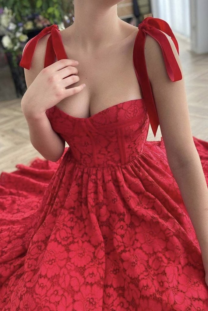 Sweetheart Neck Tea Length Red Lace Prom Dress, Red Lace Homecoming Dress, Red Formal Evening Dress KS6804