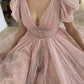 Shiny Sequins V Neck Pink Tea Length Prom Dress, V Neck Pink Homecoming Dress, Pink Formal Evening Dress KS7203