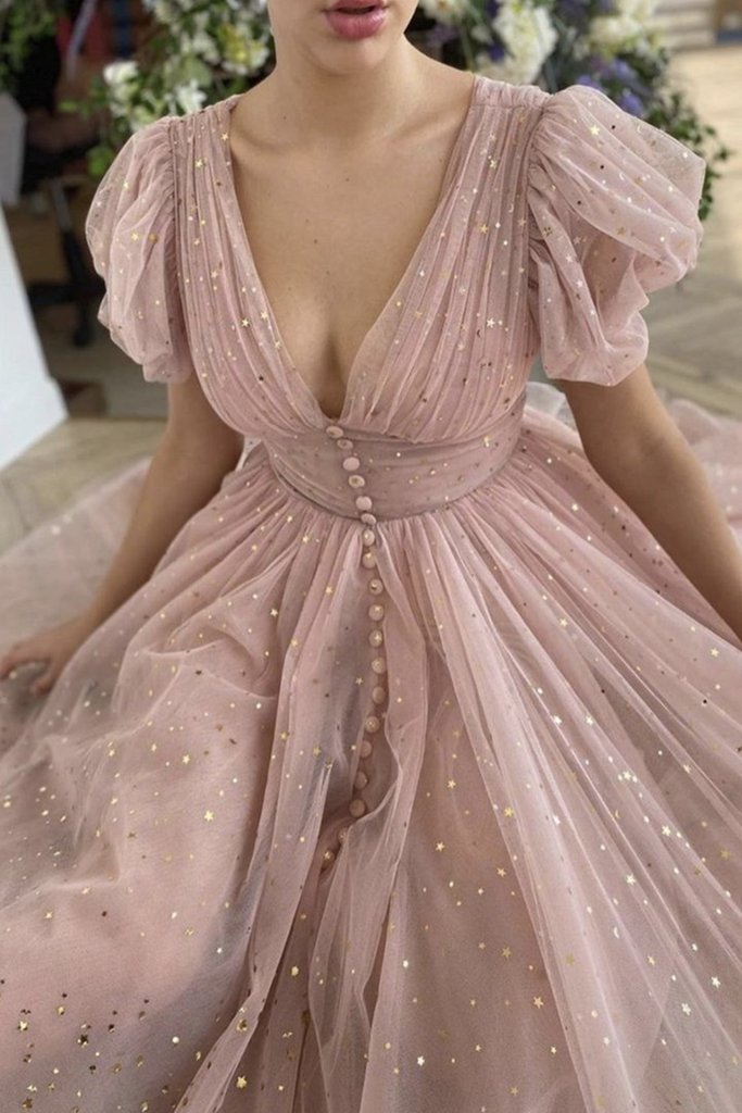 Shiny Sequins V Neck Pink Tea Length Prom Dress, V Neck Pink Homecoming Dress, Pink Formal Evening Dress KS7203