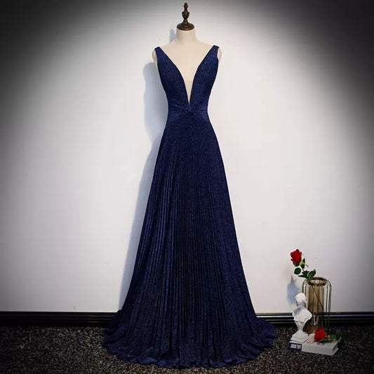 A line Navy Blue Sequin Prom Dresses Sexy Evening Dress SH094