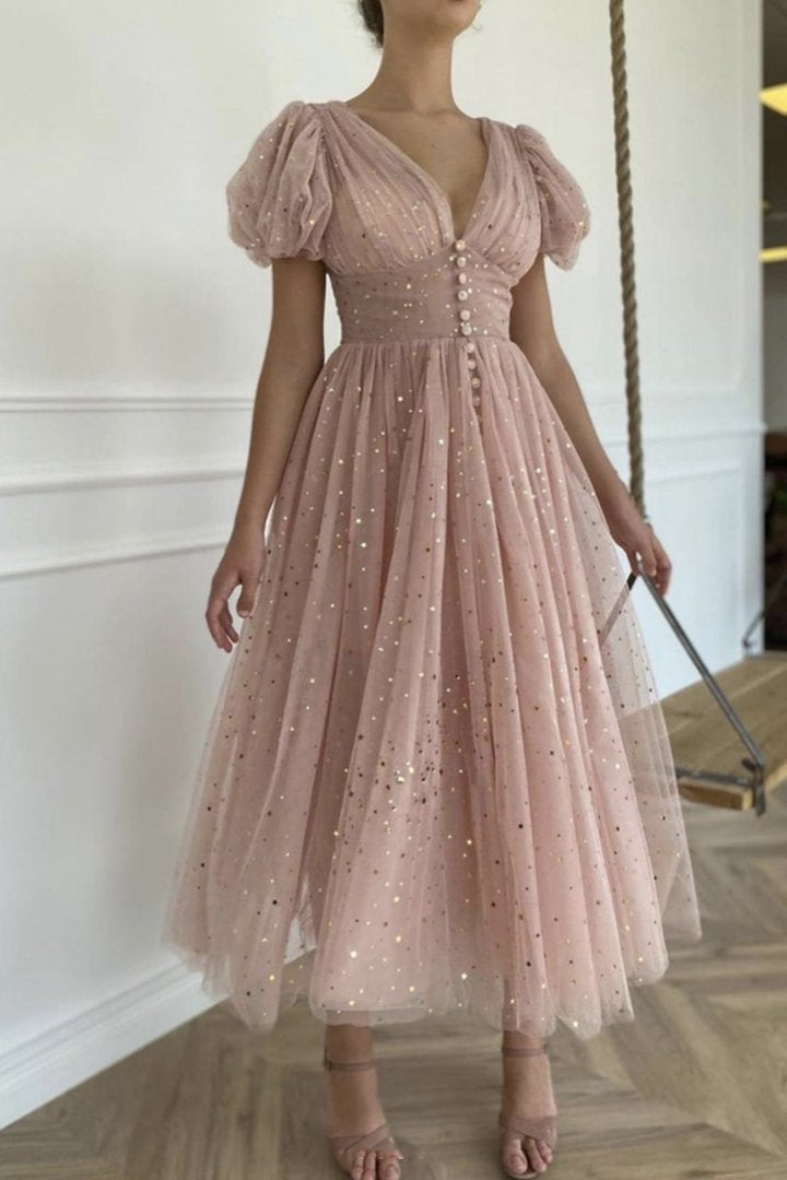 Pink v neck tulle short prom dress party dress KS6918