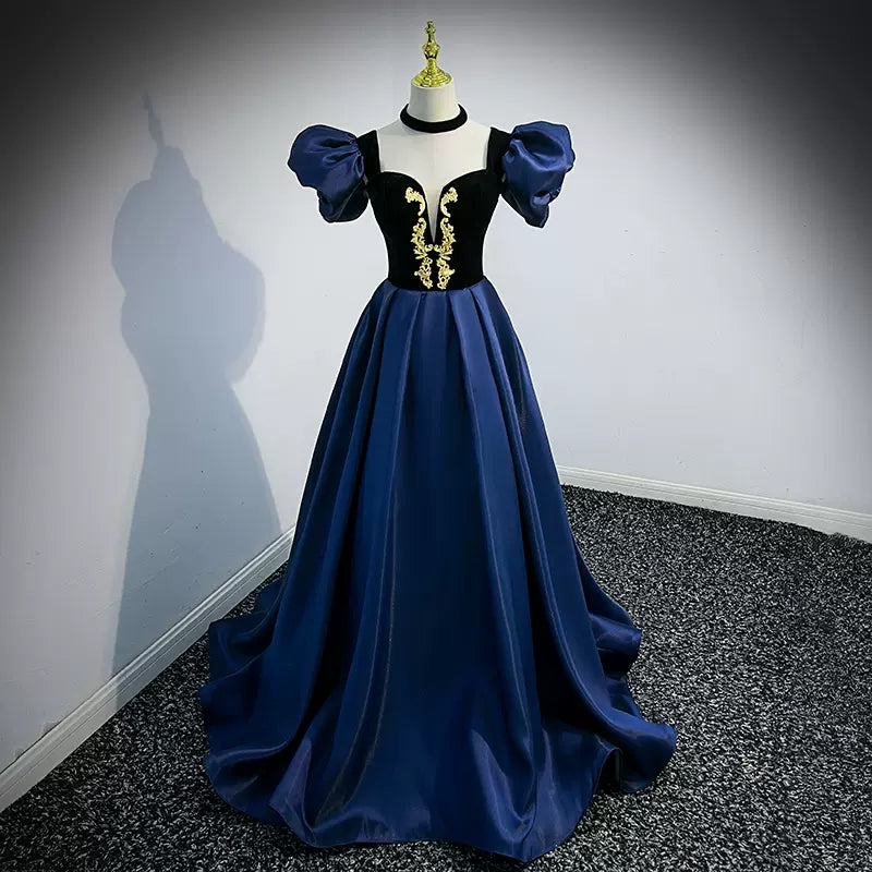 Navy Blue Puffy Sleeves Prom Dresses Sexy Evening Dress SH099