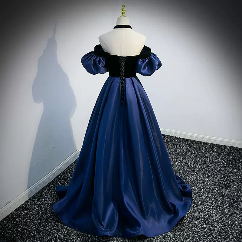 Navy Blue Puffy Sleeves Prom Dresses Sexy Evening Dress SH099