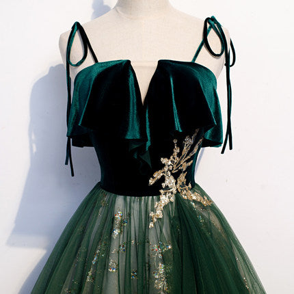 A line Spaghetti Straps Green Sequin Lace Prom Dresses SH057