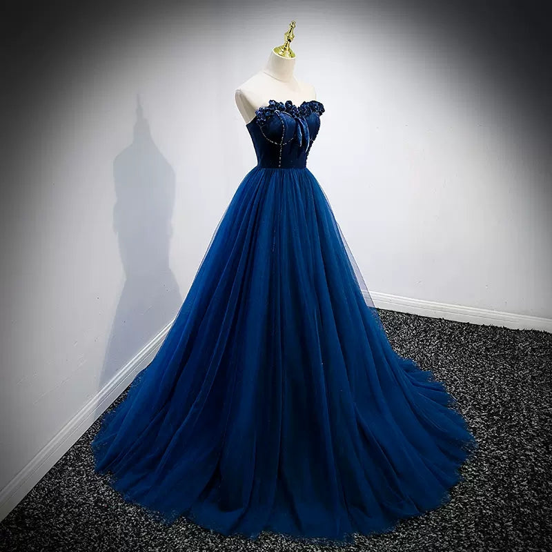 Navy Blue Tulle Strapless Prom Dresses Sexy Evening Dress SH098