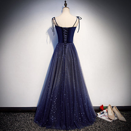 Simple A line Prom Dresses Navy Blue Tulle Evening Dress SH075