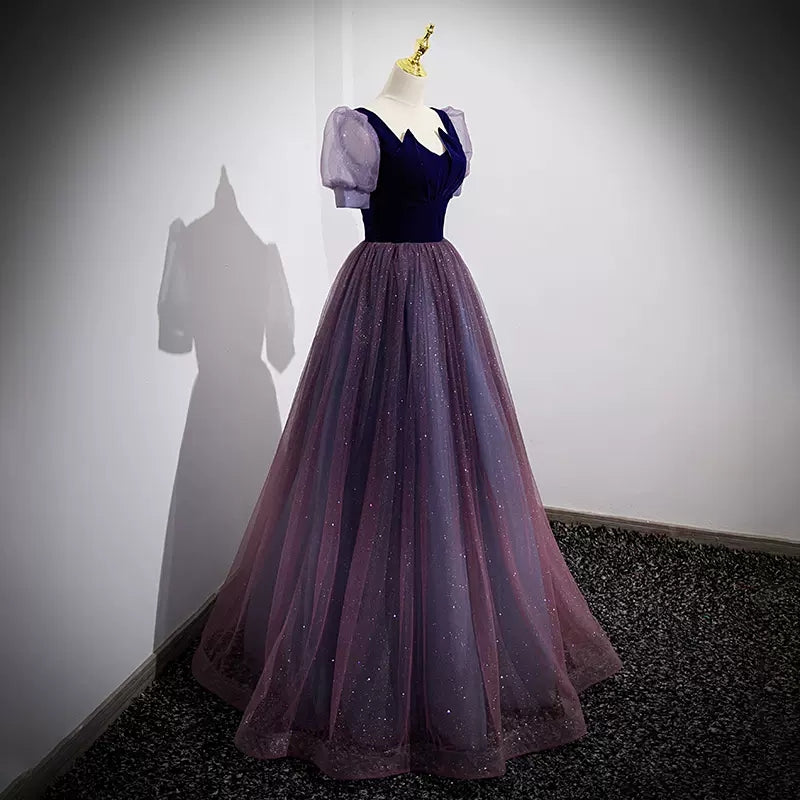 Simple Grape Tulle Prom Dresses Sexy Evening Dress SH106