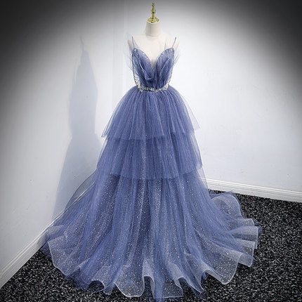 A Line Tulle Prom Dresses Straps Blue Evening Dress SH069