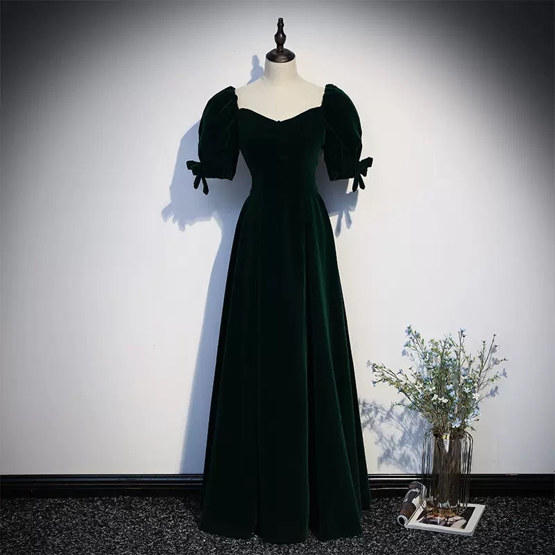 A line Dark Green Velvet Prom Dresses SH058