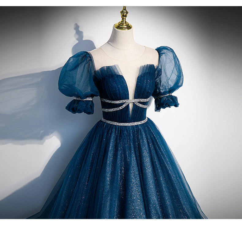 Princess Tulle Blue Short Sleeves Long Prom Dresses SH042 shinydress Princess Tulle Blue Short Sleeves Long Prom Dresses SH042 shinydress