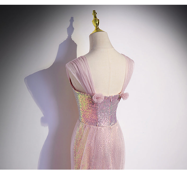 Simple Mermaid Long Sequin Pink Prom Dresses SH037