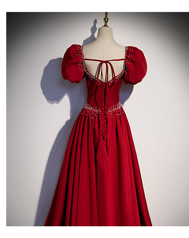 Princess Satin Short Sleeves Long Red Prom Dresses SH040