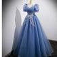 Ball Gown Short Sleeves Long Tulle Blue Prom Dresses SH035