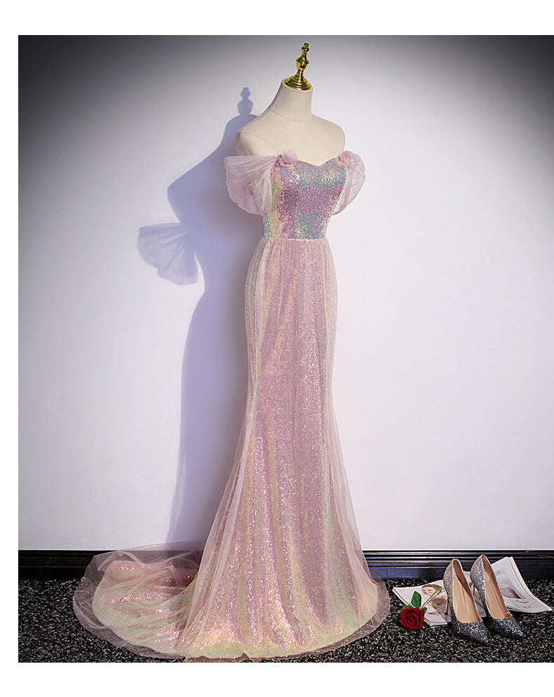 Simple Mermaid Long Sequin Pink Prom Dresses SH037