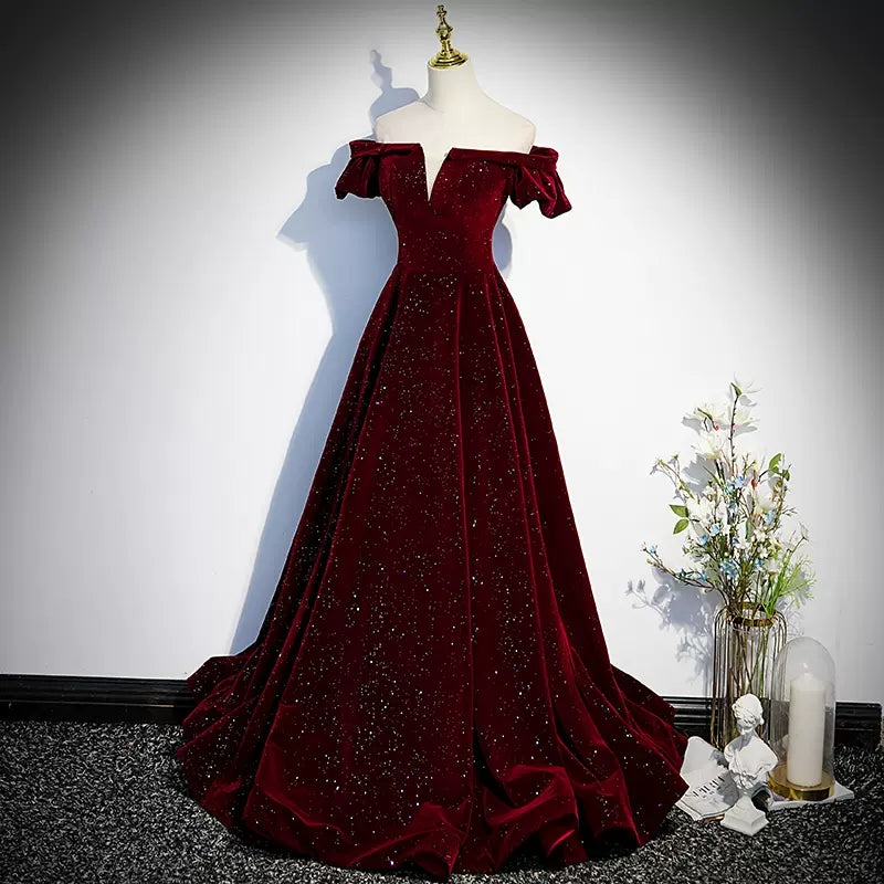 Off The Shoulder Velvet Red Prom Dresses Sexy Evening Dress SH104