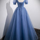 Ball Gown Short Sleeves Long Tulle Blue Prom Dresses SH035
