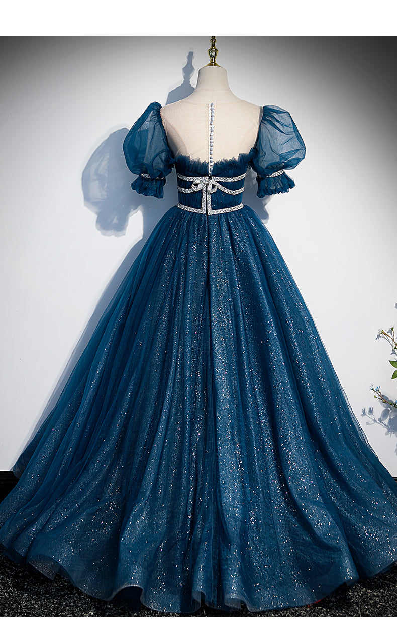 Princess Tulle Blue Short Sleeves Long Prom Dresses SH042