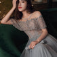 Beautiful Beaded Off Shoulder Tulle Prom Dress, A-line Grey Evening Dress Party Dress KS3820