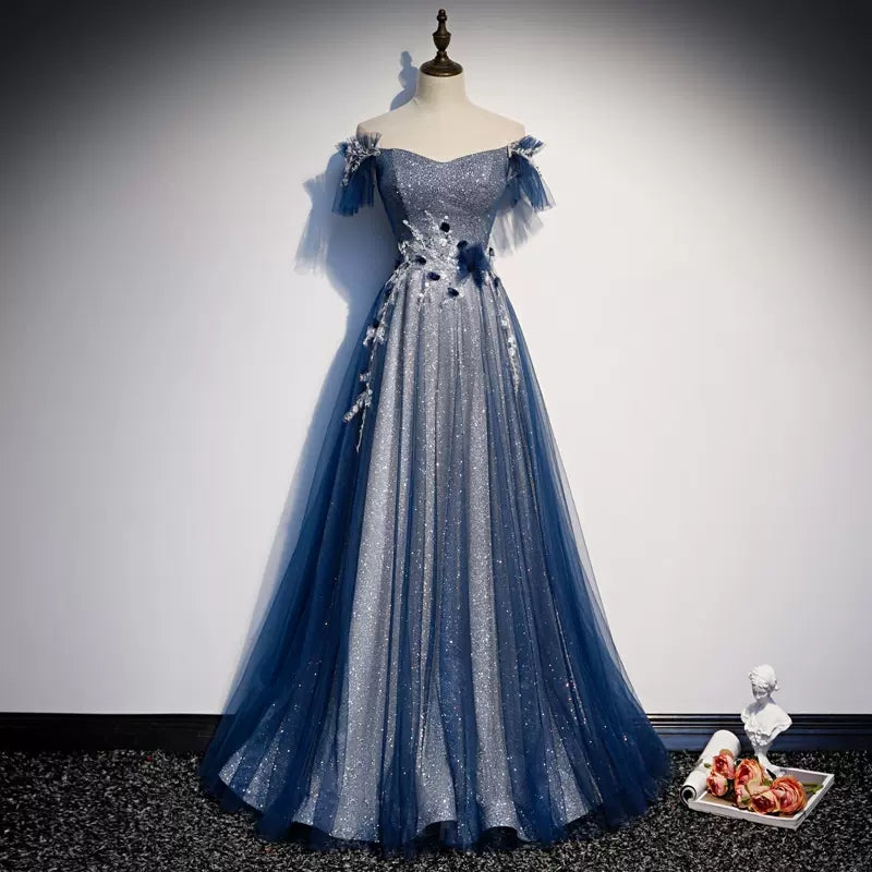 A line Off The Shoulder Tulle Blue Prom Dresses SH117 – shinydress