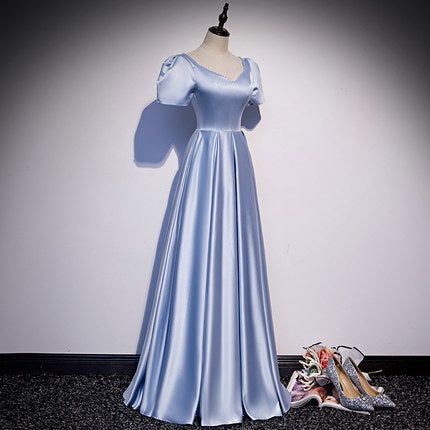 A line Short Sleeves Light Sky Blue Prom Dresses SH060