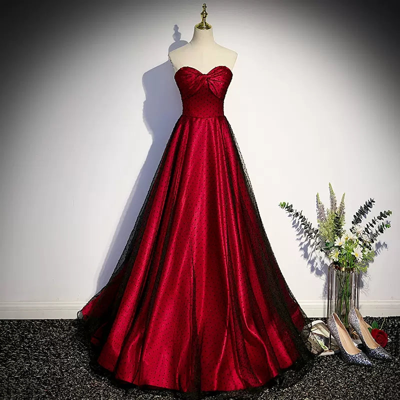 A line Short Puffy Sleeves Tulle Red Prom Dresses SH115