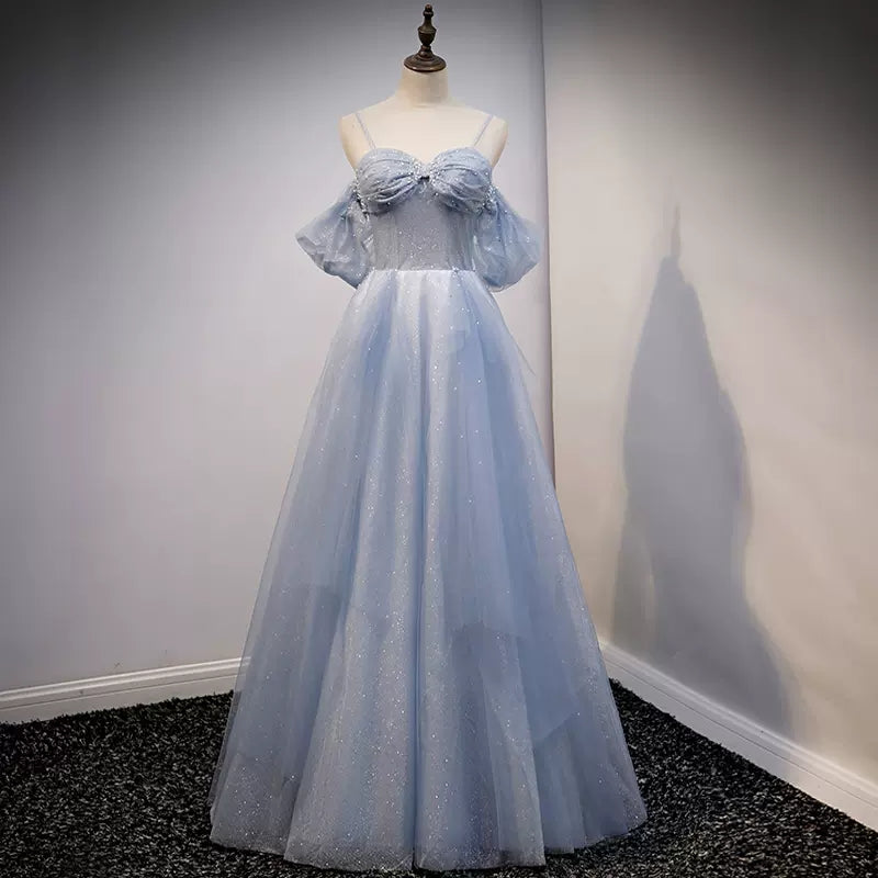 Cute A Line Off the Shoulder Dusty Blue Prom Dresses Sexy Evening Dres