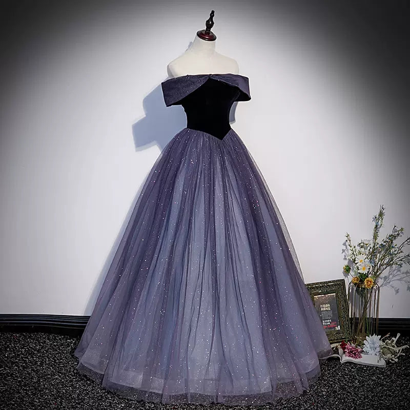Princess Off The Shoulder Grape Tulle Prom Dresses Sexy Evening Dress SH096