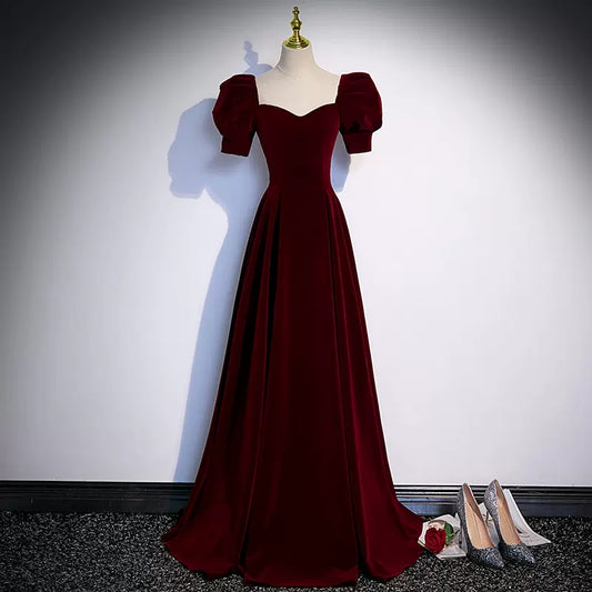 A line Short Sleeves Burgundy Velvet Long Prom Dresses SH056