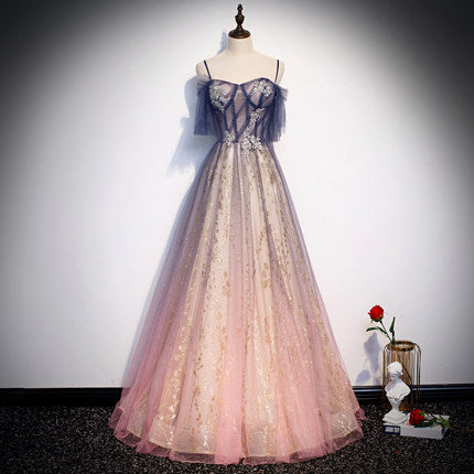 Simple A line Tulle Long Prom Dresses SH212