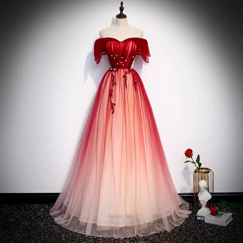 A line Off The Shoulder Tulle Red Prom Dresses Sexy Evening Dress SH112