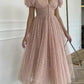 Shiny Sequins V Neck Pink Tea Length Prom Dress, V Neck Pink Homecoming Dress, Pink Formal Evening Dress KS7203