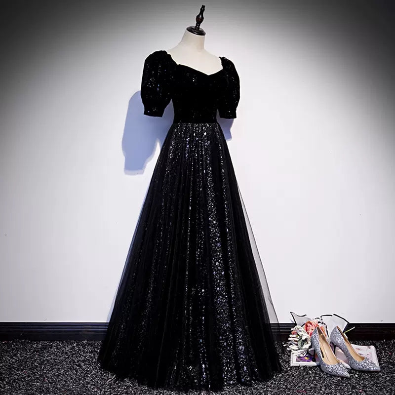 A line Short Sleeves Black Prom Dresses Sexy Evening Dress SH102