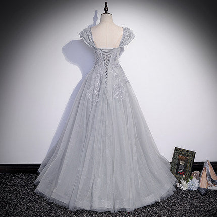A Line Silver Gray Tulle Prom Dresses Long Prom Dress SH066